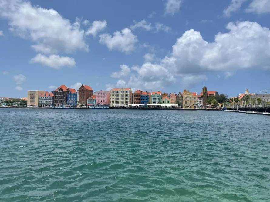 Punda in Willemstad Handselskade painted colored houses. Capital of Curaçao